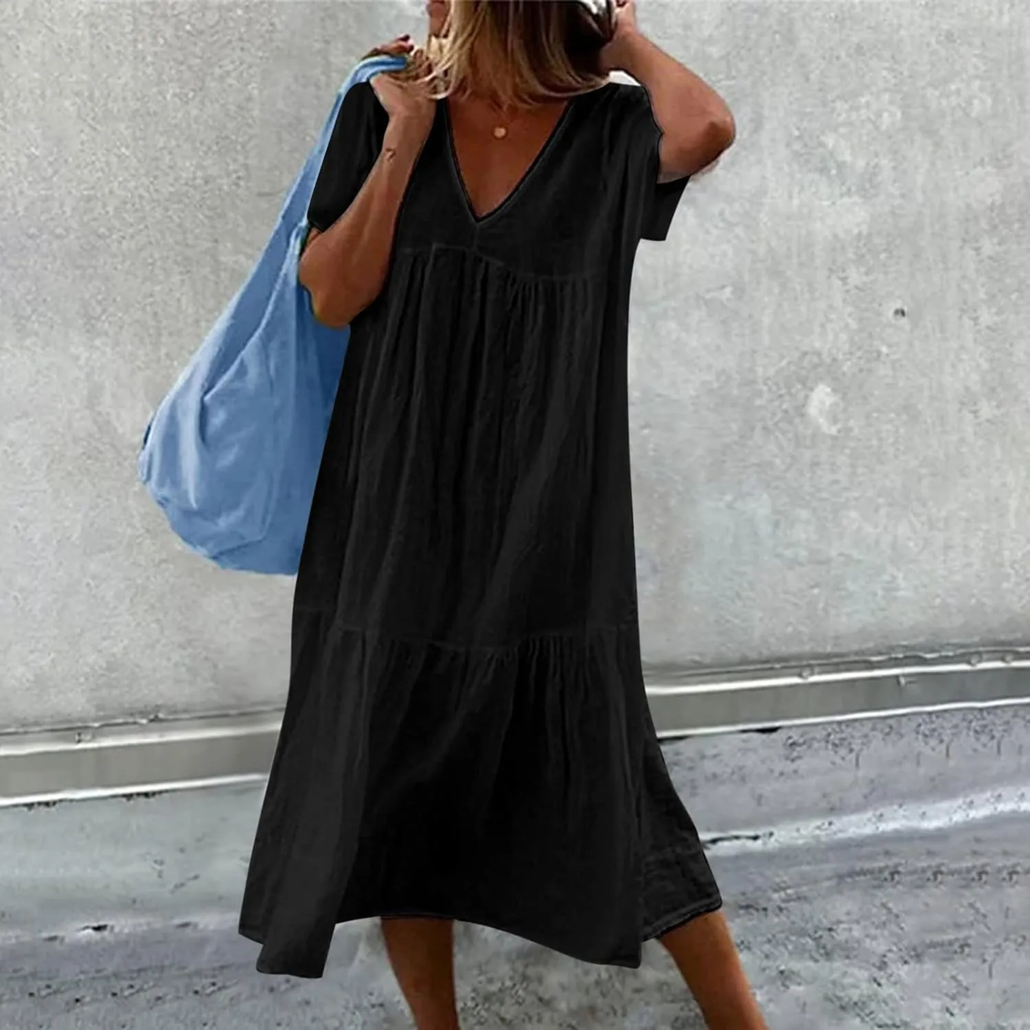 Womens Casual Loose Dresses Summer Lightweight Short Sleeve Tiered Flowy Long Dress V-Neck Ruched Maxi Sundress