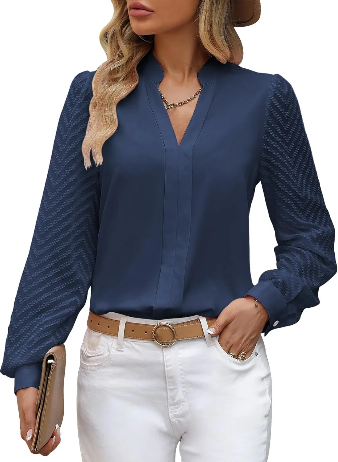 Womens Casual Sheer Long Sleeve V Neck Shirts Flowy Business Work Blouses,S-XXL