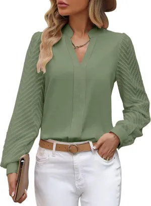 Womens Casual Sheer Long Sleeve V Neck Shirts Flowy Business Work Blouses,S-XXL