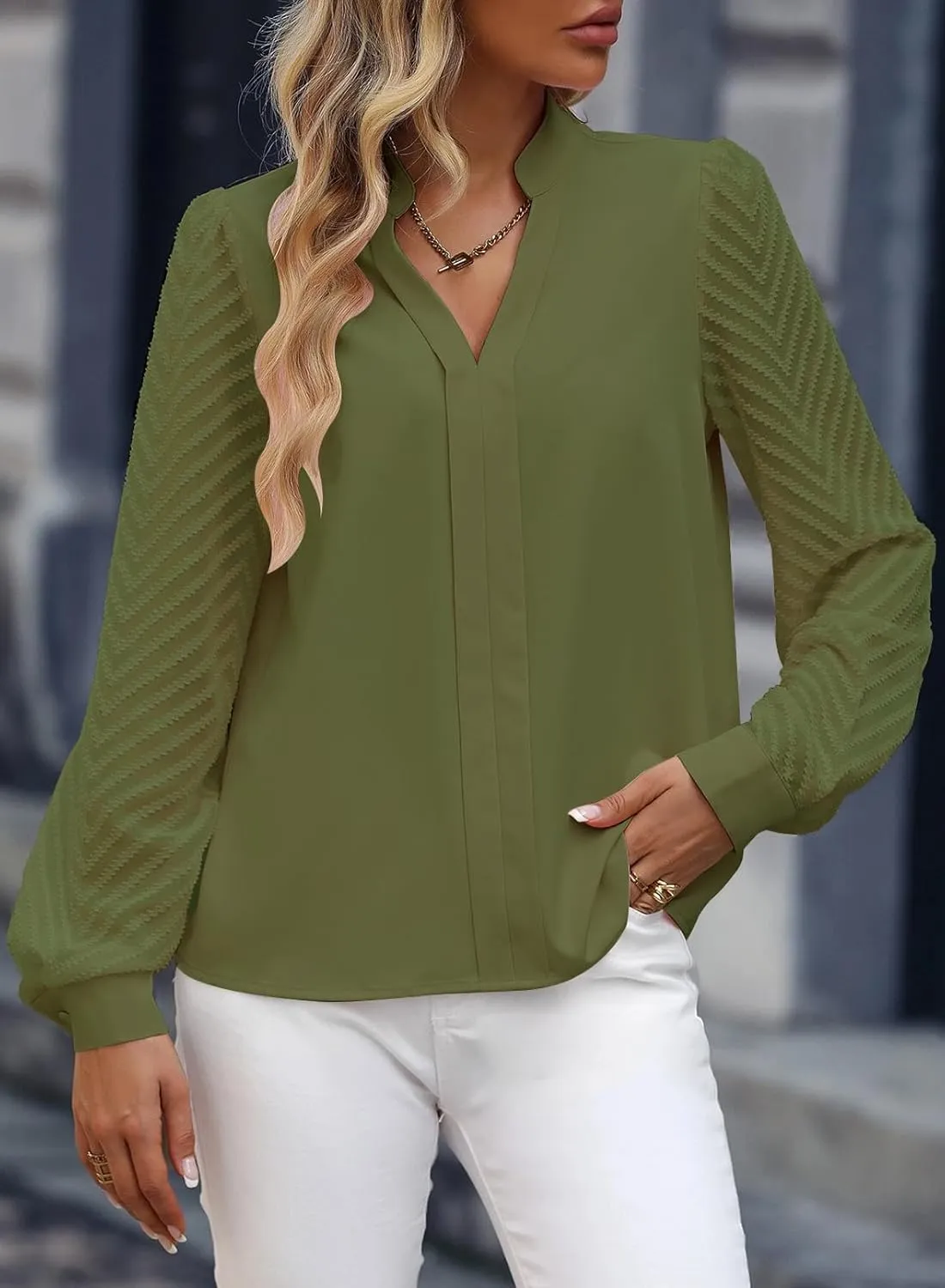 Womens Casual Sheer Long Sleeve V Neck Shirts Flowy Business Work Blouses,S-XXL