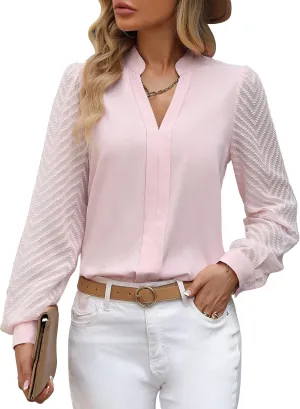 Womens Casual Sheer Long Sleeve V Neck Shirts Flowy Business Work Blouses,S-XXL