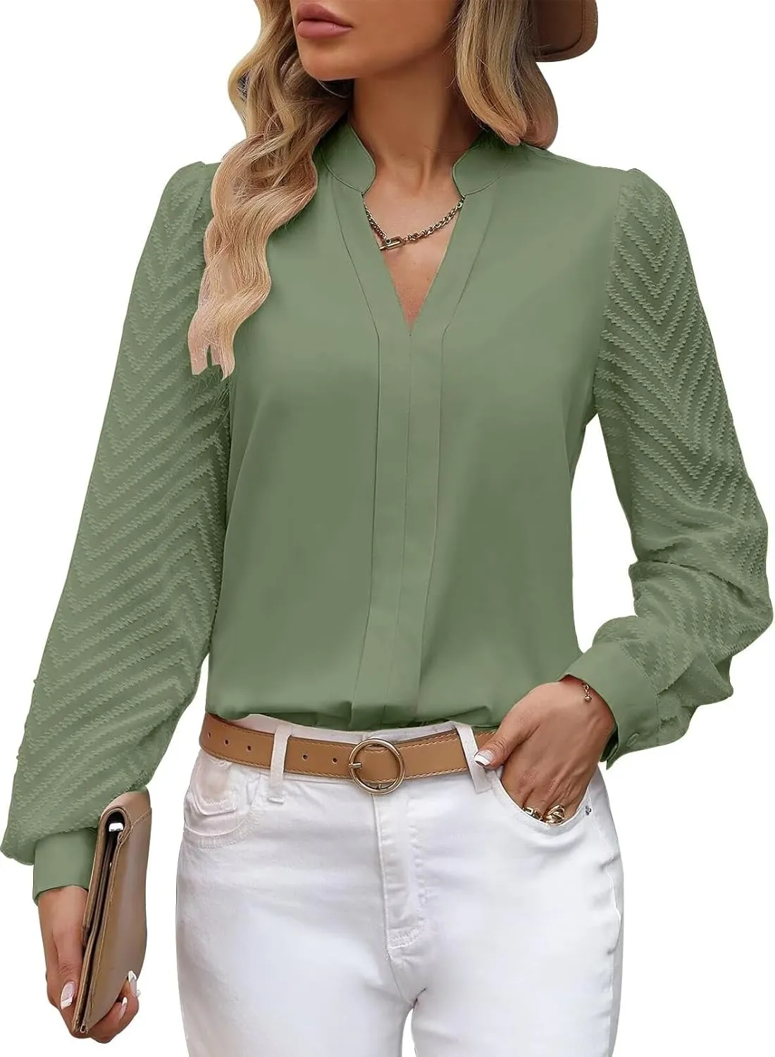 Womens Casual Sheer Long Sleeve V Neck Shirts Flowy Business Work Blouses,S-XXL