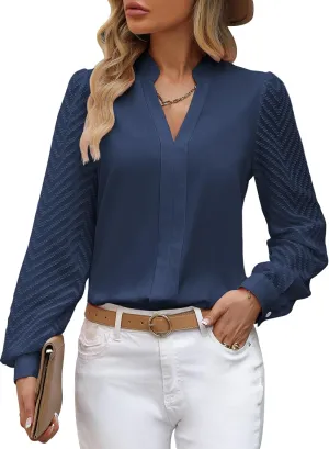 Womens Casual Sheer Long Sleeve V Neck Shirts Flowy Business Work Blouses,S-XXL