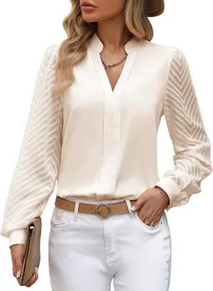 Womens Casual Sheer Long Sleeve V Neck Shirts Flowy Business Work Blouses,S-XXL
