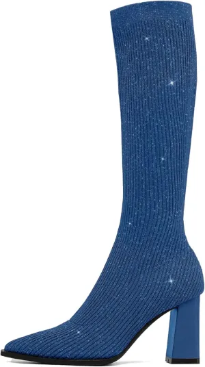 Women's Chunky Heel Boots, Knit Comfort High Boots, Minimalist Style, Rubber Sole