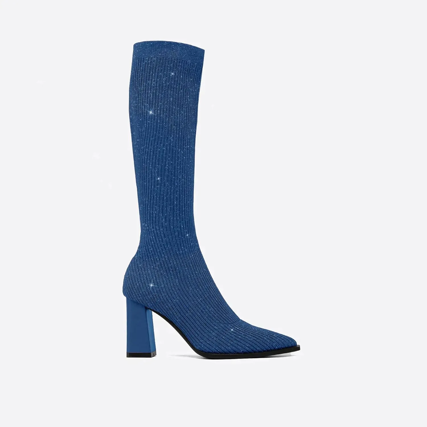 Women's Chunky Heel Boots, Knit Comfort High Boots, Minimalist Style, Rubber Sole