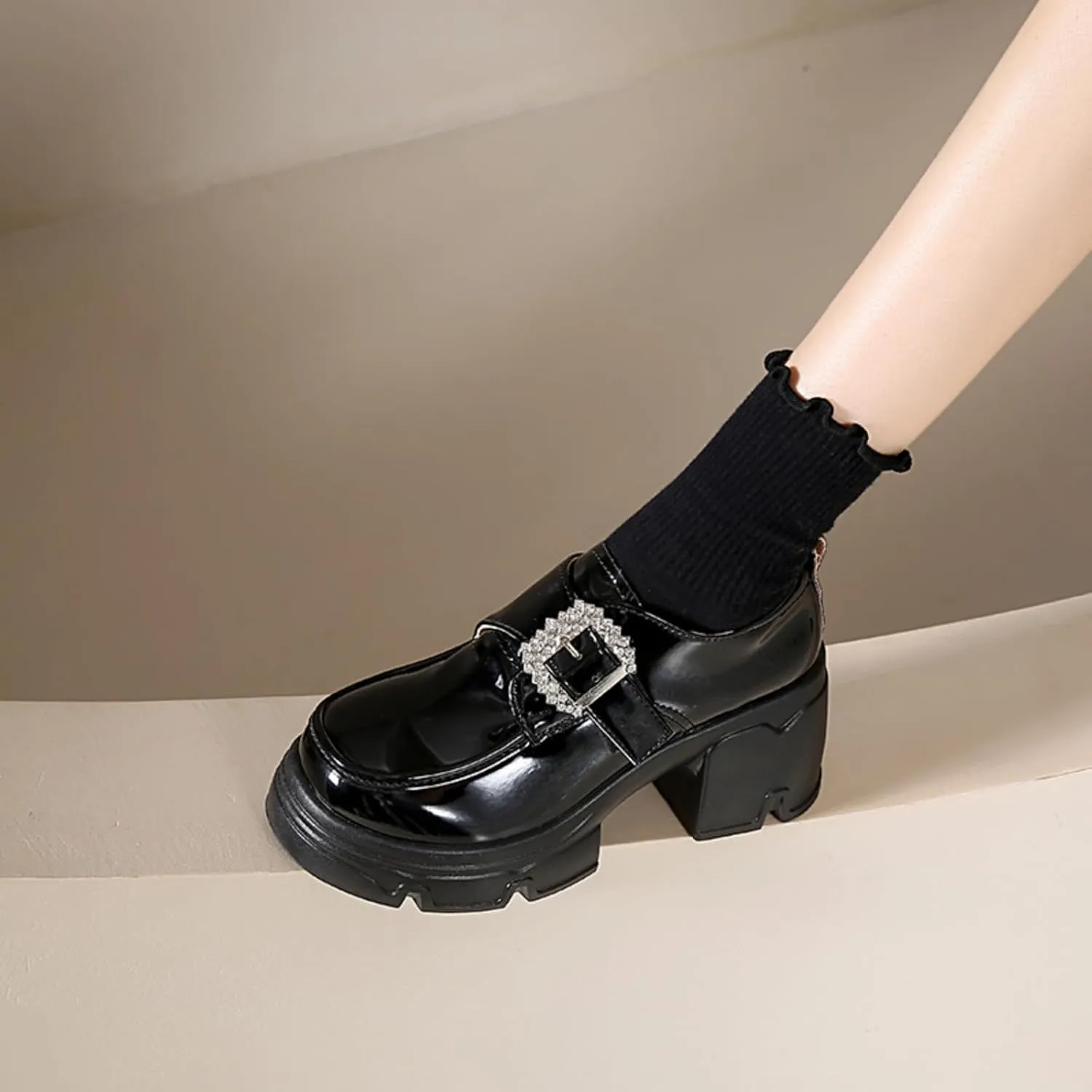 Women's Chunky Heel Platform Loafers with Chain Detail Patent Leather Black Penny Loafers Fashion Office Shoes School Dress Shoes Comfortable Slip-ons