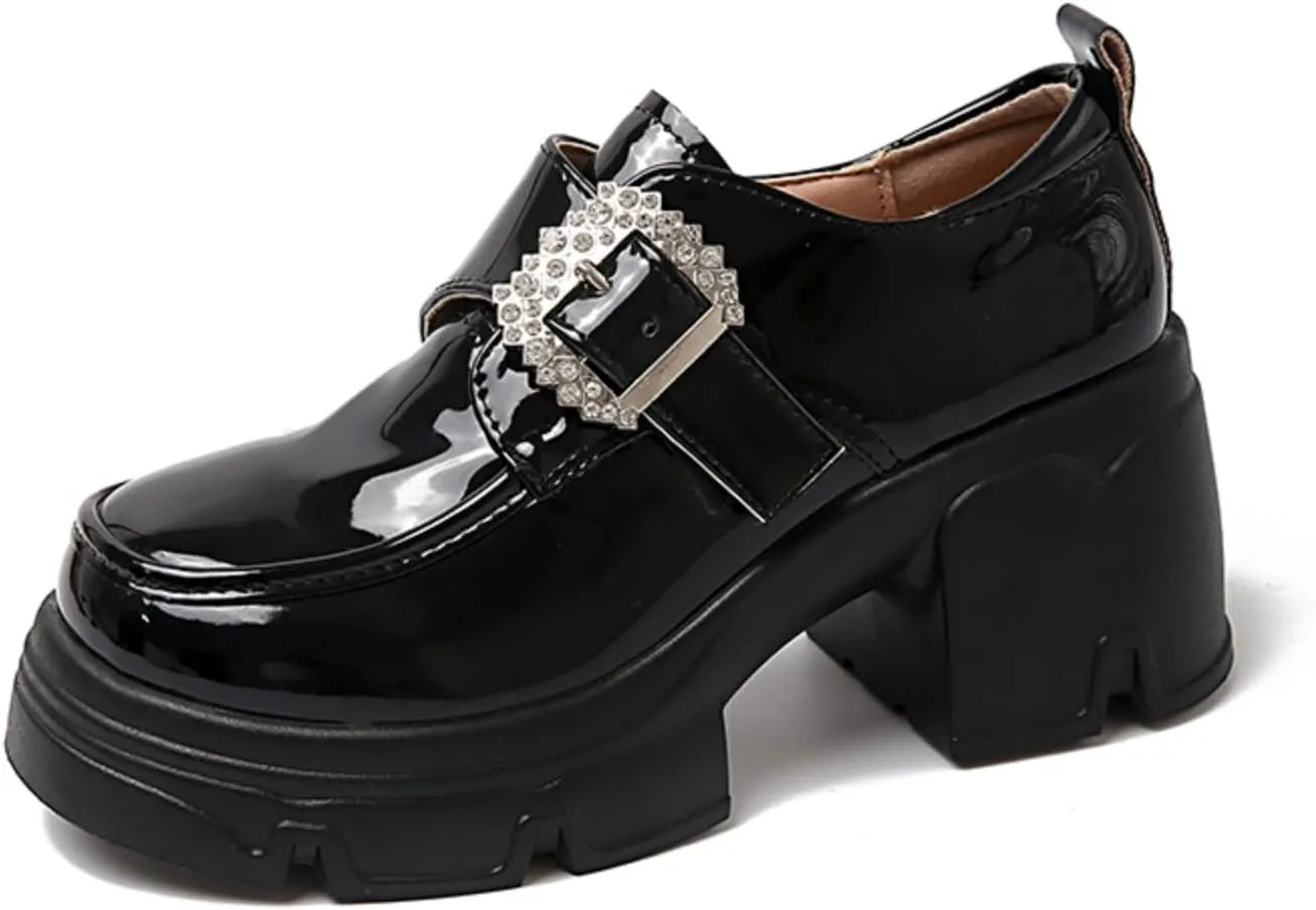 Women's Chunky Heel Platform Loafers with Chain Detail Patent Leather Black Penny Loafers Fashion Office Shoes School Dress Shoes Comfortable Slip-ons