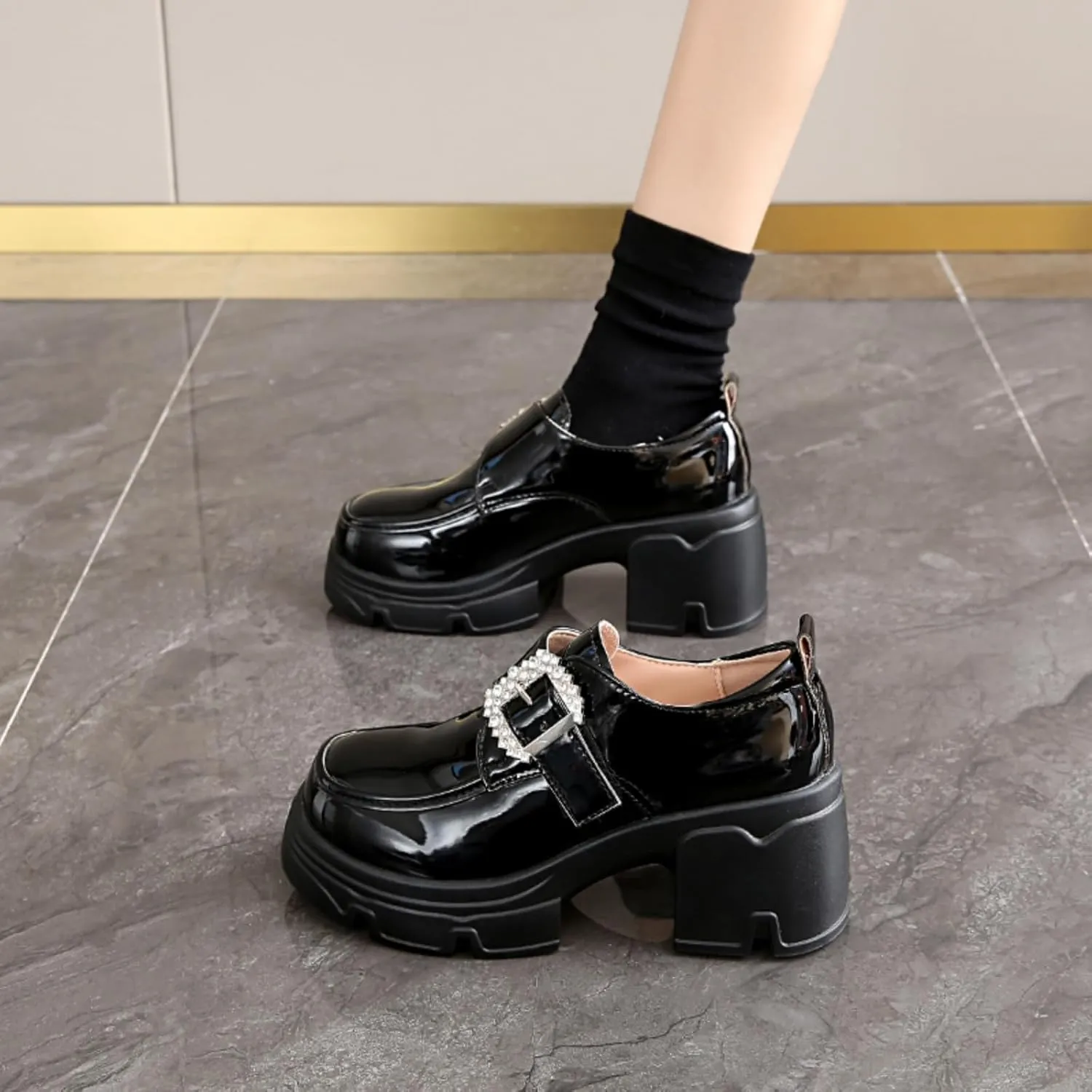 Women's Chunky Heel Platform Loafers with Chain Detail Patent Leather Black Penny Loafers Fashion Office Shoes School Dress Shoes Comfortable Slip-ons