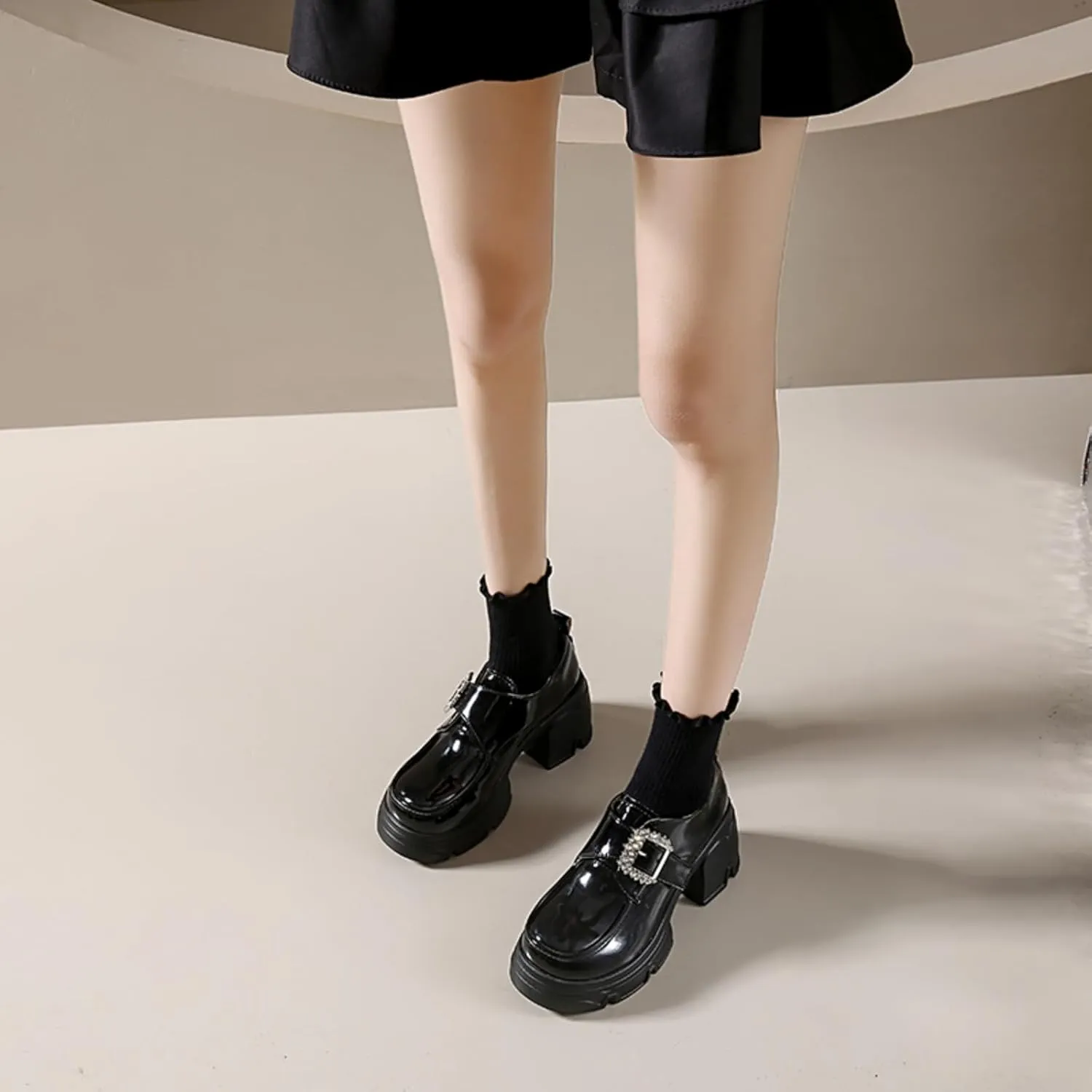 Women's Chunky Heel Platform Loafers with Chain Detail Patent Leather Black Penny Loafers Fashion Office Shoes School Dress Shoes Comfortable Slip-ons