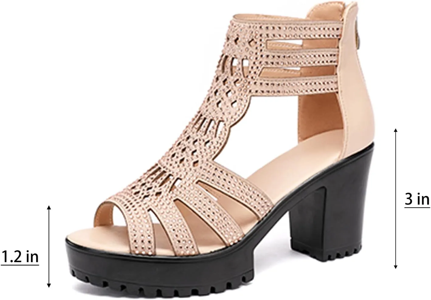 Womens Chunky High Heel Fish Mouth Gladiator Sandals Back Zipper Fashion Comfort Cutout Open Toe Non-Slip Rome High Heels Sandals for Beach Dressy Party Dress