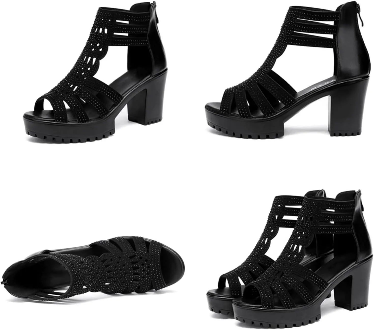 Womens Chunky High Heel Fish Mouth Gladiator Sandals Back Zipper Fashion Comfort Cutout Open Toe Non-Slip Rome High Heels Sandals for Beach Dressy Party Dress