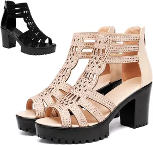 Womens Chunky High Heel Fish Mouth Gladiator Sandals Back Zipper Fashion Comfort Cutout Open Toe Non-Slip Rome High Heels Sandals for Beach Dressy Party Dress