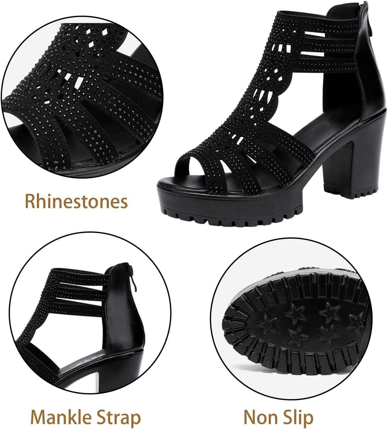 Womens Chunky High Heel Fish Mouth Gladiator Sandals Back Zipper Fashion Comfort Cutout Open Toe Non-Slip Rome High Heels Sandals for Beach Dressy Party Dress