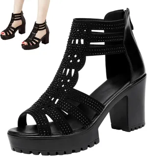 Womens Chunky High Heel Fish Mouth Gladiator Sandals Back Zipper Fashion Comfort Cutout Open Toe Non-Slip Rome High Heels Sandals for Beach Dressy Party Dress