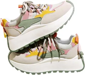 Womens Chunky Sneakers, Platform, Colorblock Design, Stylish Casual Shoes, Green Combo, US 8