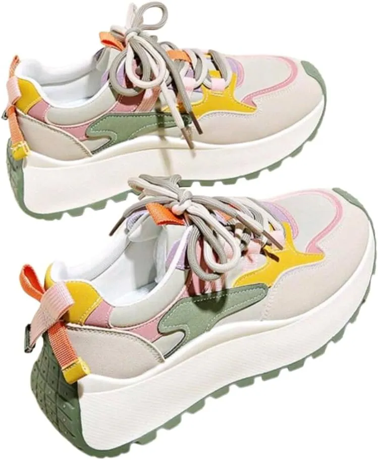 Womens Chunky Sneakers, Platform, Colorblock Design, Stylish Casual Shoes, Green Combo, US 8