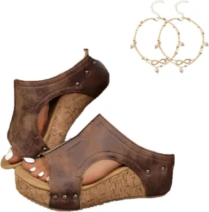Women's Cork Wedges & Platform Slides, Thick Sole Comfy Leather Wedge Sandal Slides, Non-slip Summer Lightweight Casual Sandals, Comfor Arch Support Slide, Leather Wedge Platform Sandals for women