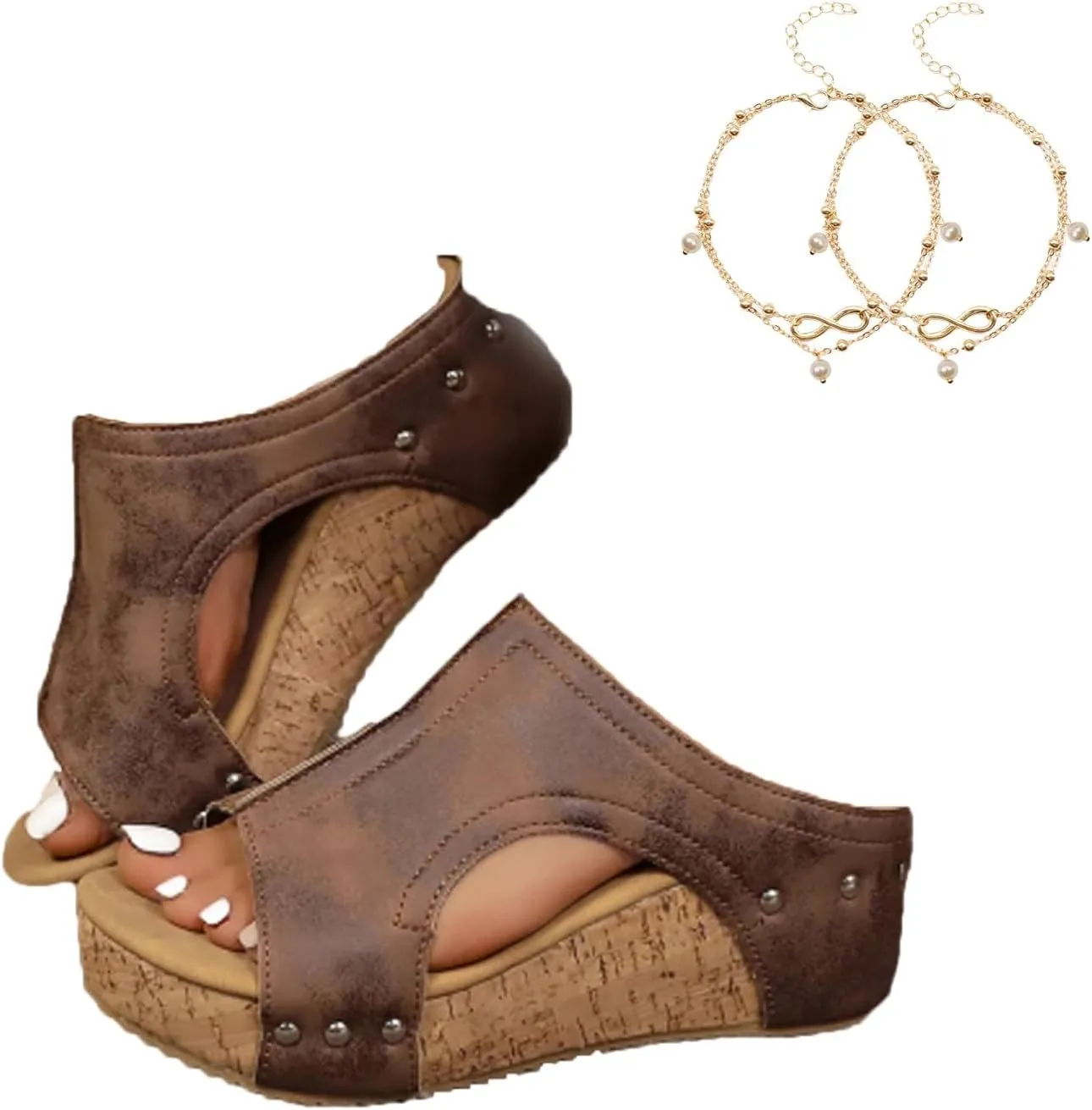 Women's Cork Wedges & Platform Slides, Thick Sole Comfy Leather Wedge Sandal Slides, Non-slip Summer Lightweight Casual Sandals, Comfor Arch Support Slide, Leather Wedge Platform Sandals for women