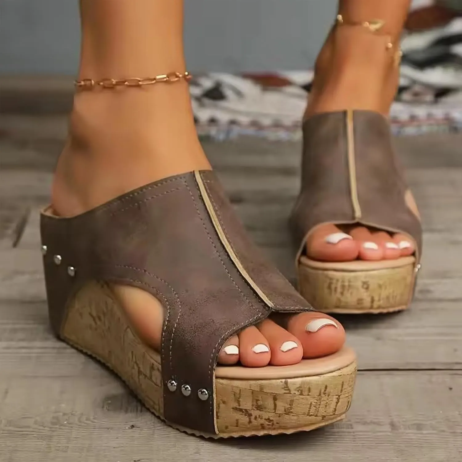 Women's Cork Wedges & Platform Slides, Thick Sole Comfy Leather Wedge Sandal Slides, Non-slip Summer Lightweight Casual Sandals, Comfor Arch Support Slide, Leather Wedge Platform Sandals for women