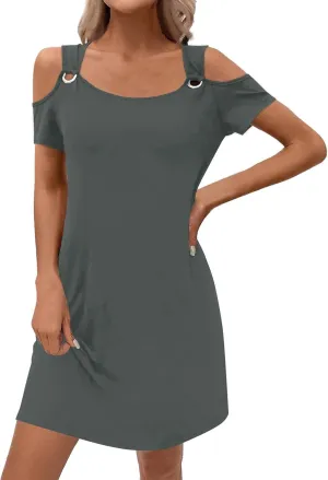 Women's Dresses 2025 Casual Summer Cold Shoulder Scoop Neck Short Sleeve Spaghetti Strap Sundresses with O Ring, S-3XL