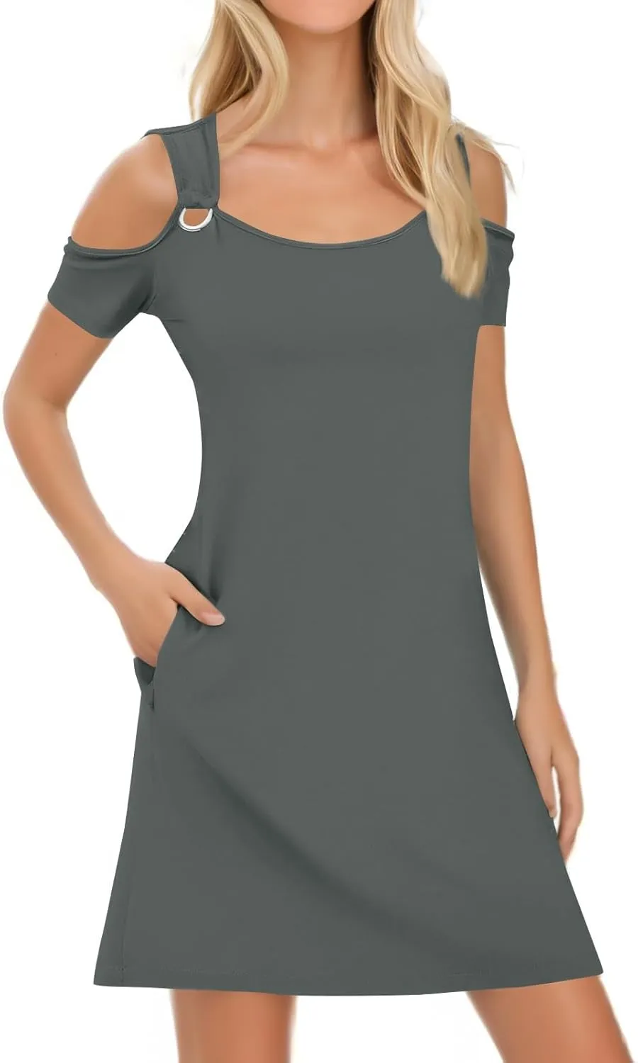 Women's Dresses 2025 Casual Summer Cold Shoulder Scoop Neck Short Sleeve Spaghetti Strap Sundresses with O Ring, S-3XL