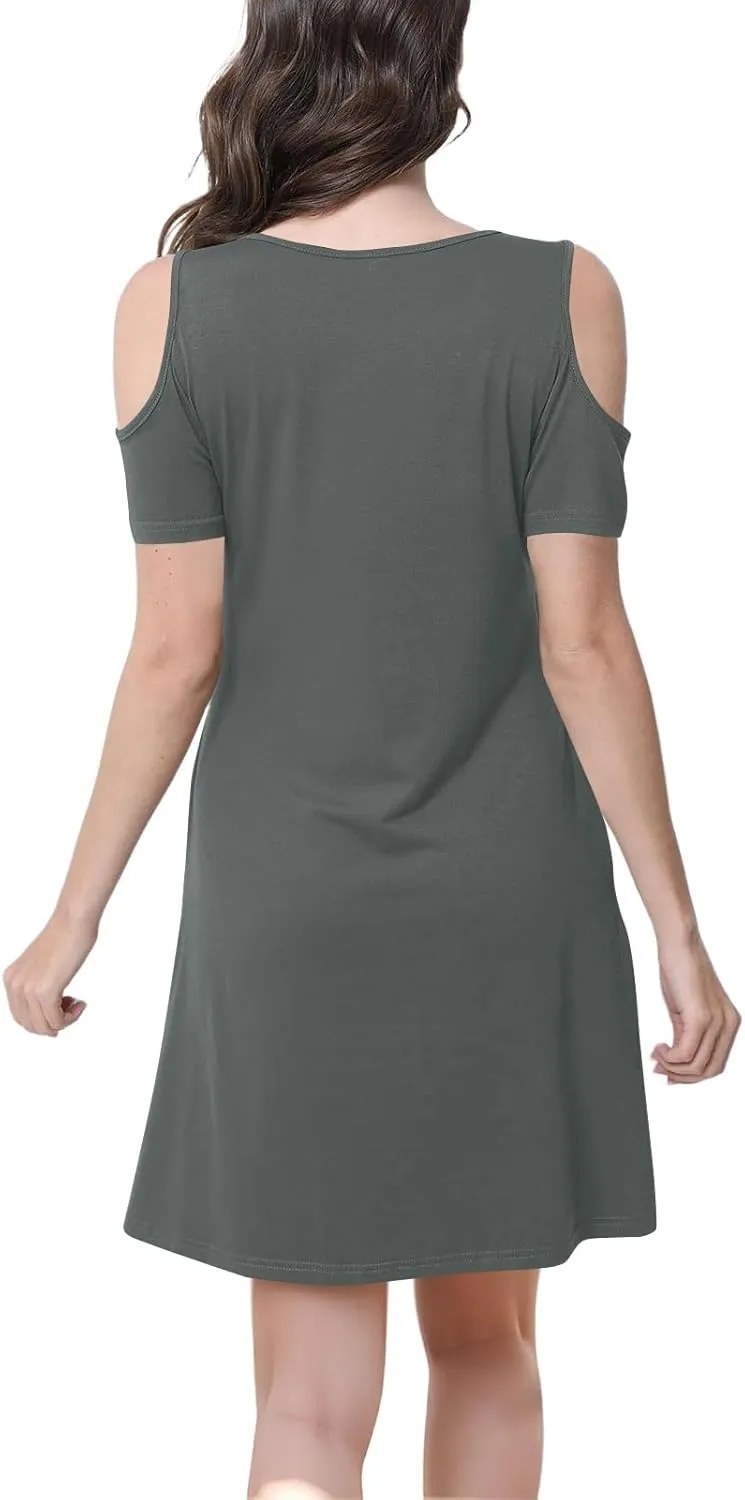 Women's Dresses 2025 Casual Summer Cold Shoulder Scoop Neck Short Sleeve Spaghetti Strap Sundresses with O Ring, S-3XL