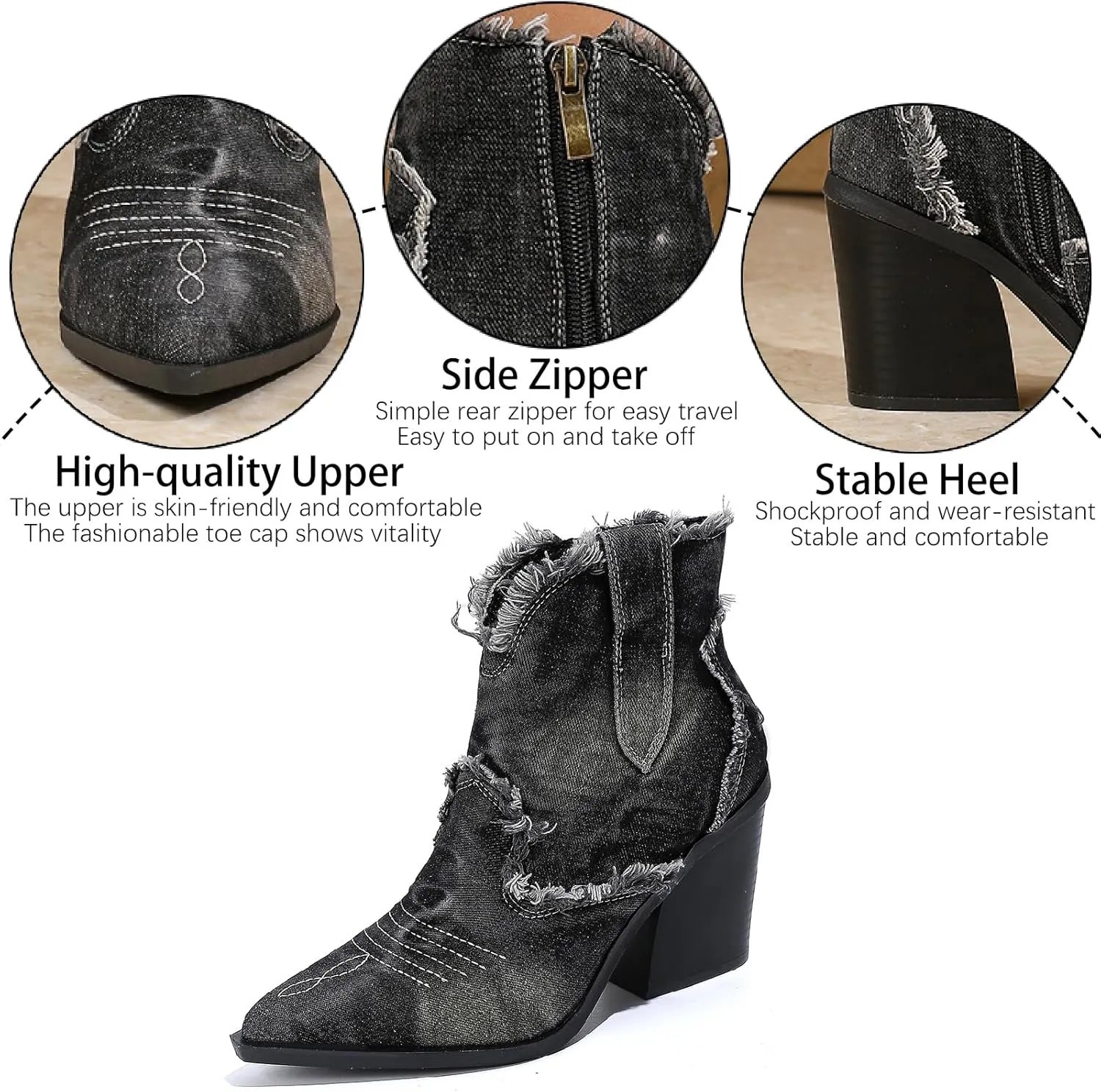 Women's Embroidery Denim Western Cowboy Ankle Boots With Side Zipper Fashion Pointed Toe Stack Heel Cowgirl Mid Calf Boots Comfort Walking Dress Booties
