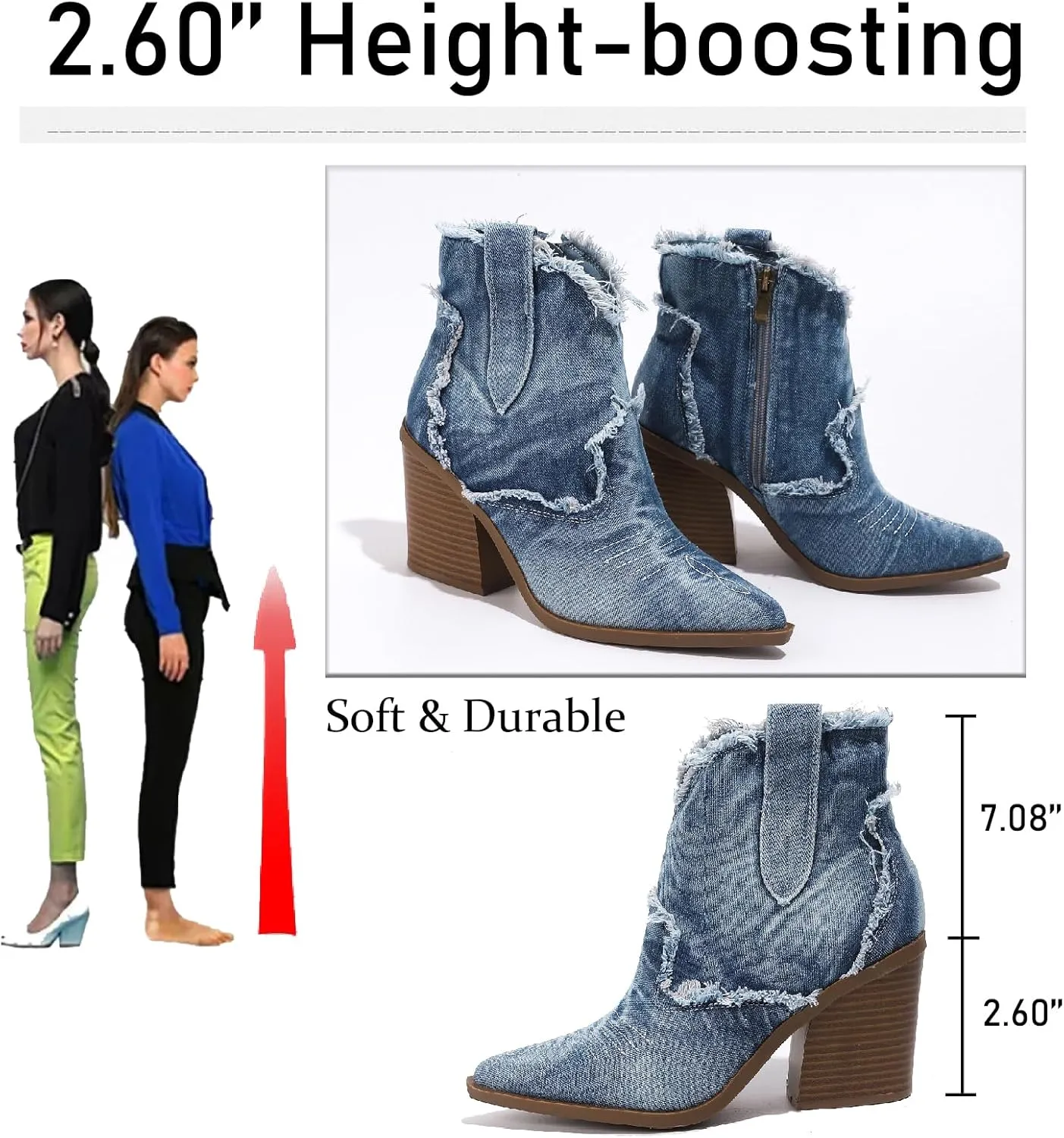 Women's Embroidery Denim Western Cowboy Ankle Boots With Side Zipper Fashion Pointed Toe Stack Heel Cowgirl Mid Calf Boots Comfort Walking Dress Booties