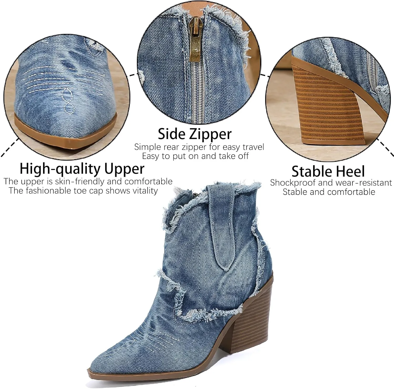 Women's Embroidery Denim Western Cowboy Ankle Boots With Side Zipper Fashion Pointed Toe Stack Heel Cowgirl Mid Calf Boots Comfort Walking Dress Booties