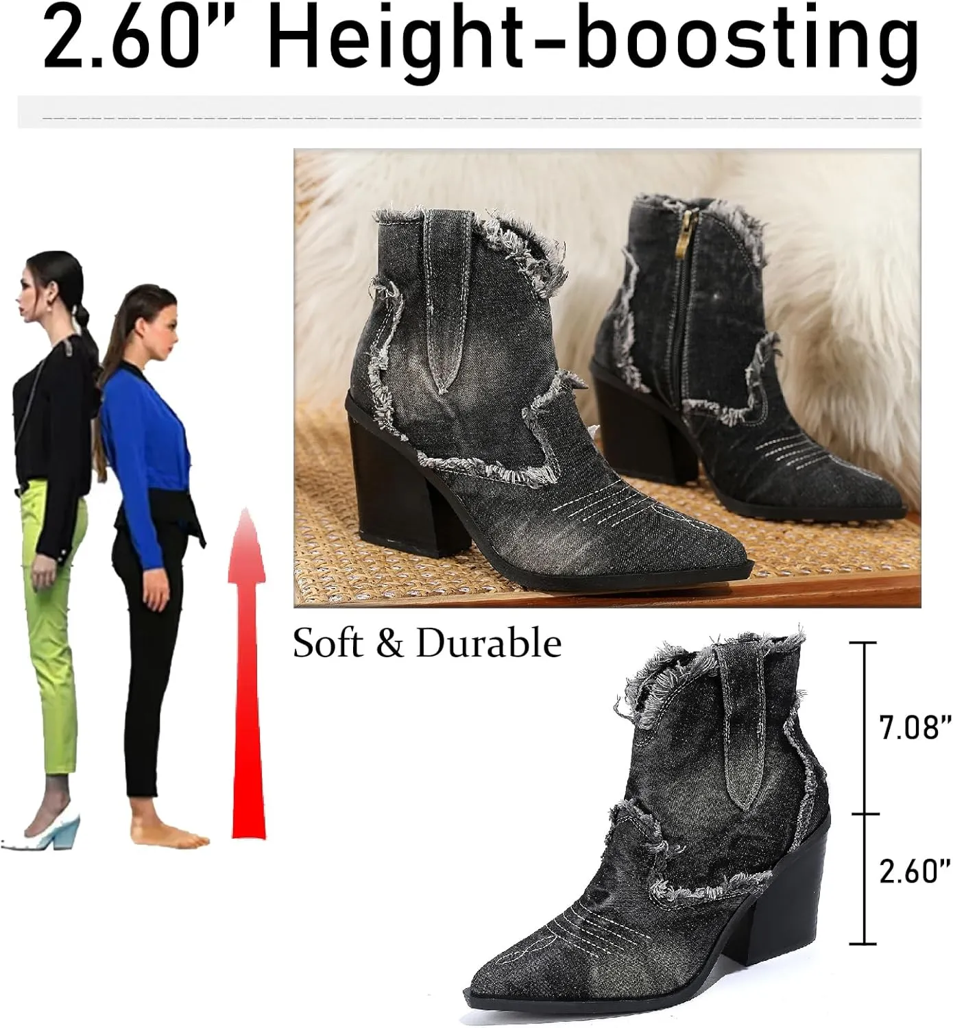 Women's Embroidery Denim Western Cowboy Ankle Boots With Side Zipper Fashion Pointed Toe Stack Heel Cowgirl Mid Calf Boots Comfort Walking Dress Booties