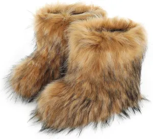 Women's Faux Fur Boots Furry Snow Boots Fuzzy Winter Shoes Fluffy Mid-Calf Flat Boots