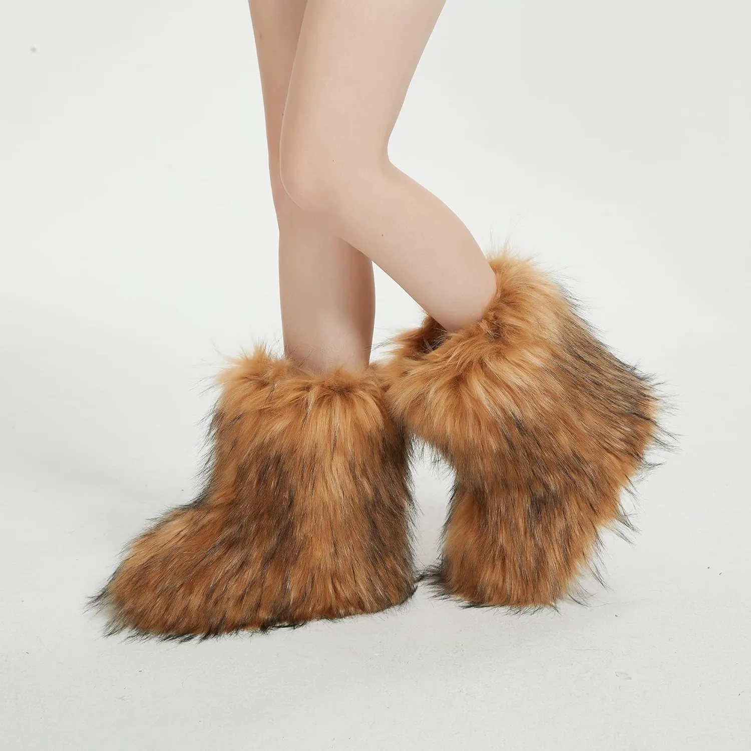 Women's Faux Fur Boots Furry Snow Boots Fuzzy Winter Shoes Fluffy Mid-Calf Flat Boots