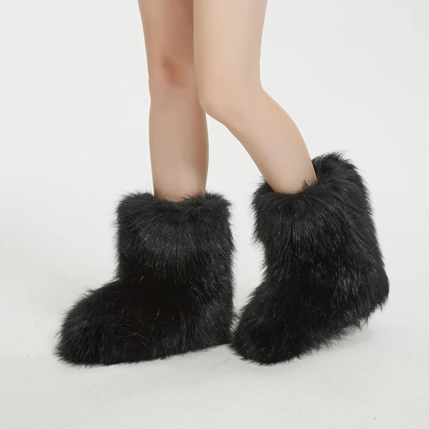 Women's Faux Fur Boots Furry Snow Boots Fuzzy Winter Shoes Fluffy Mid-Calf Flat Boots