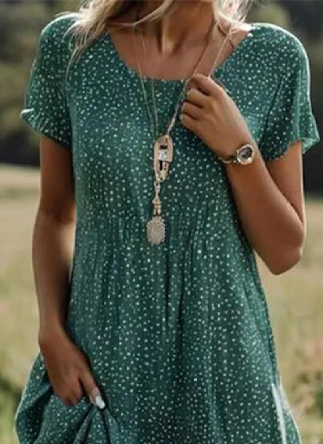 Women's Fresh Green Polka Dot Loose Dress 2025 Summer Classic Round Neck Slightly Transparent Hem Casual Daily Dress