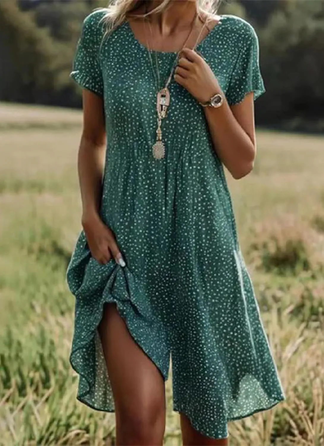 Women's Fresh Green Polka Dot Loose Dress 2025 Summer Classic Round Neck Slightly Transparent Hem Casual Daily Dress