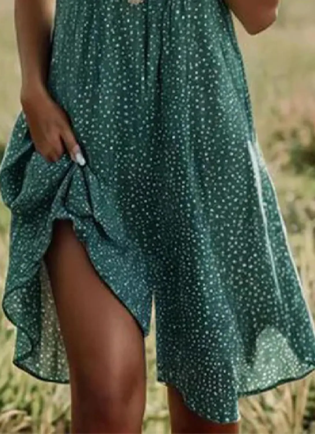 Women's Fresh Green Polka Dot Loose Dress 2025 Summer Classic Round Neck Slightly Transparent Hem Casual Daily Dress