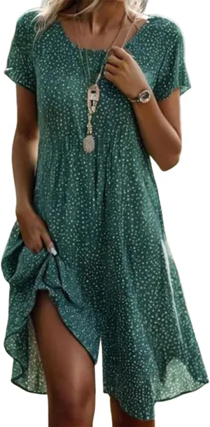 Women's Fresh Green Polka Dot Loose Dress 2025 Summer Classic Round Neck Slightly Transparent Hem Casual Daily Dress