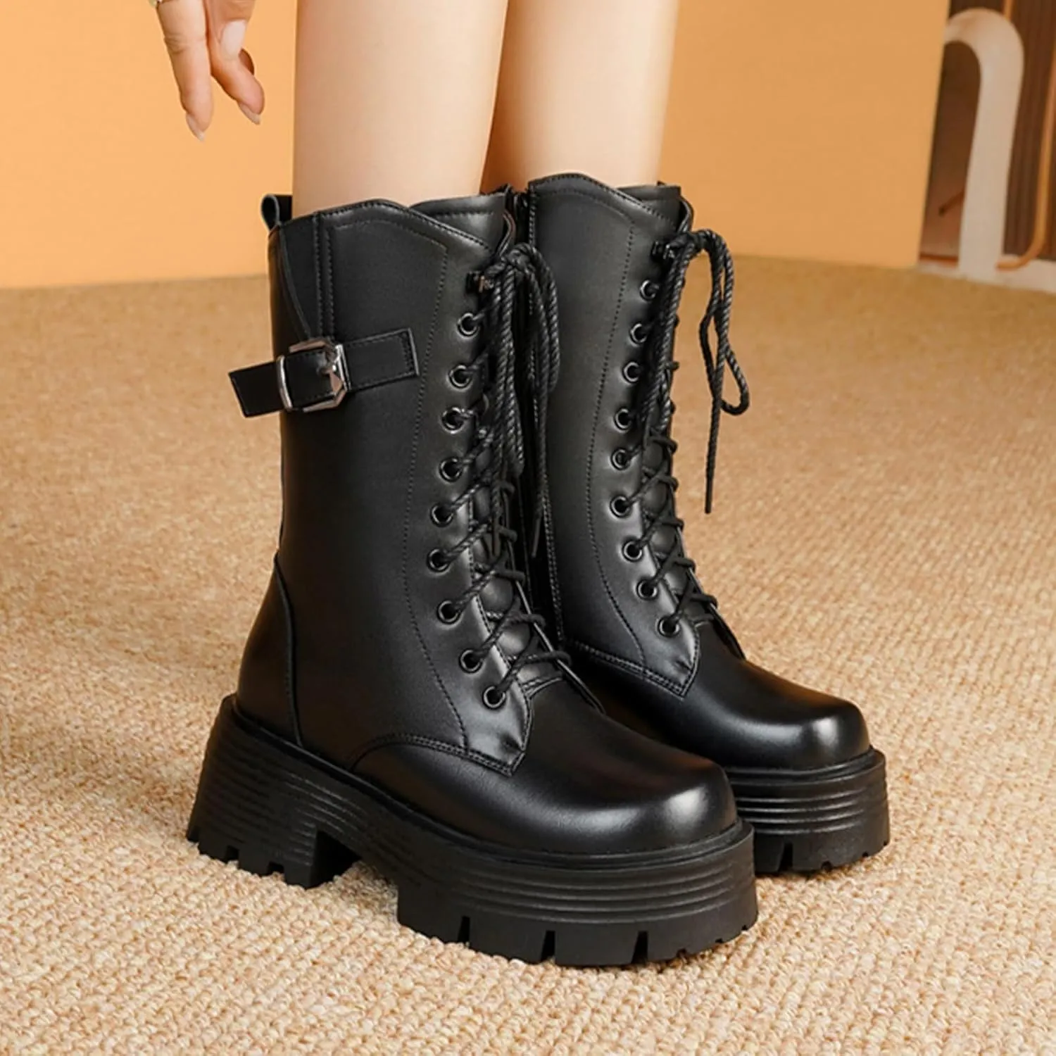 Women's Genuine Leather Lace Up Chunky platform Mid Calf Boots with Side Zipper Winter Waterproof Warm Non-Slip Combat Boots