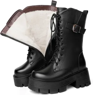 Women's Genuine Leather Lace Up Chunky platform Mid Calf Boots with Side Zipper Winter Waterproof Warm Non-Slip Combat Boots