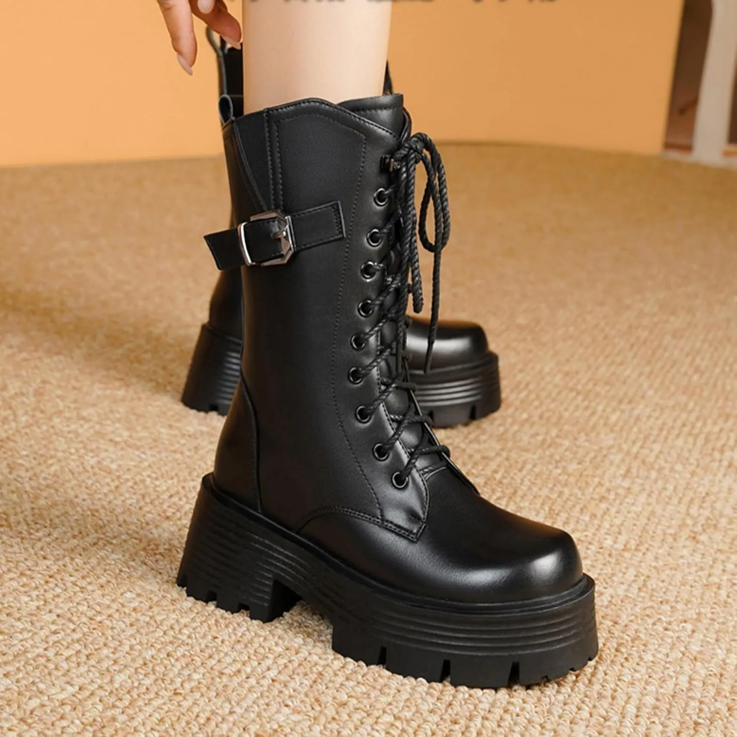 Women's Genuine Leather Lace Up Chunky platform Mid Calf Boots with Side Zipper Winter Waterproof Warm Non-Slip Combat Boots