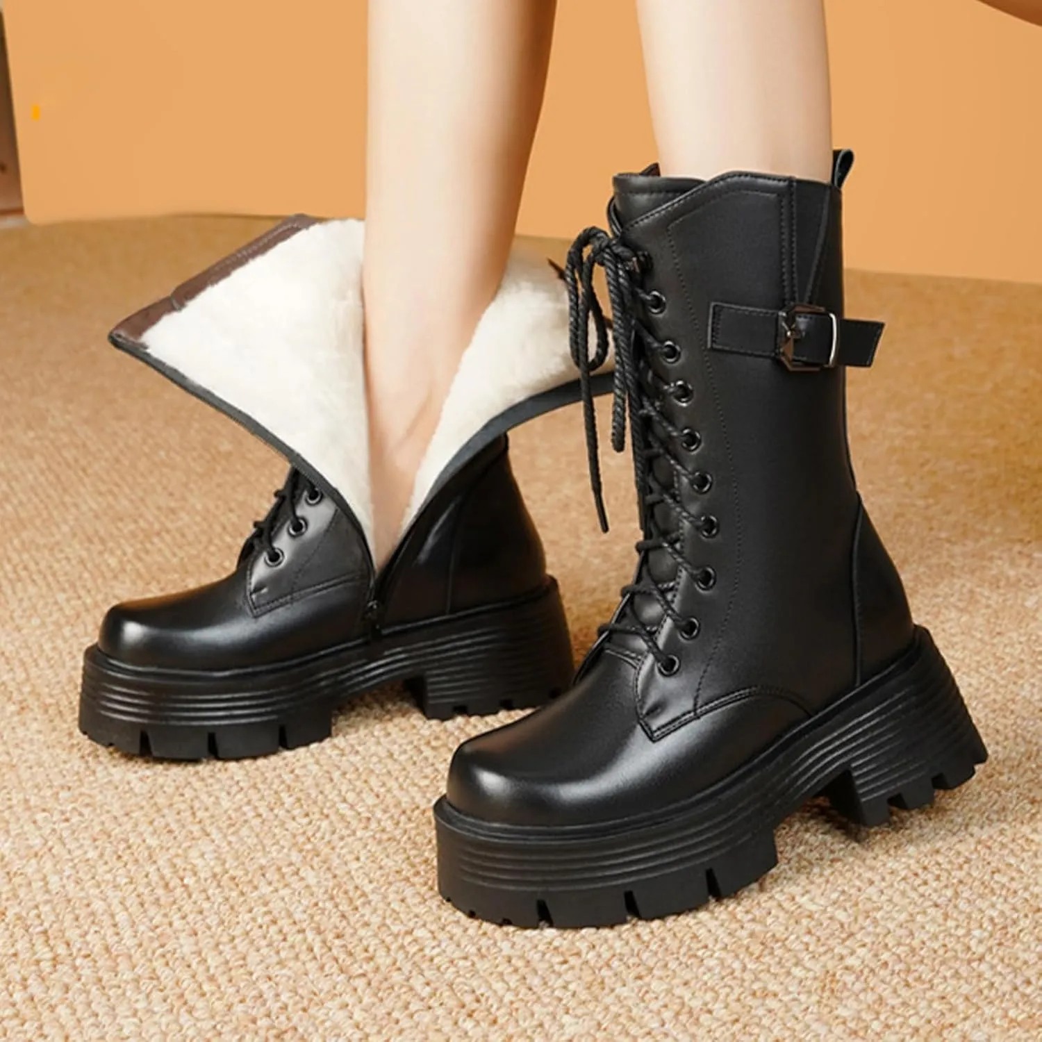 Women's Genuine Leather Lace Up Chunky platform Mid Calf Boots with Side Zipper Winter Waterproof Warm Non-Slip Combat Boots