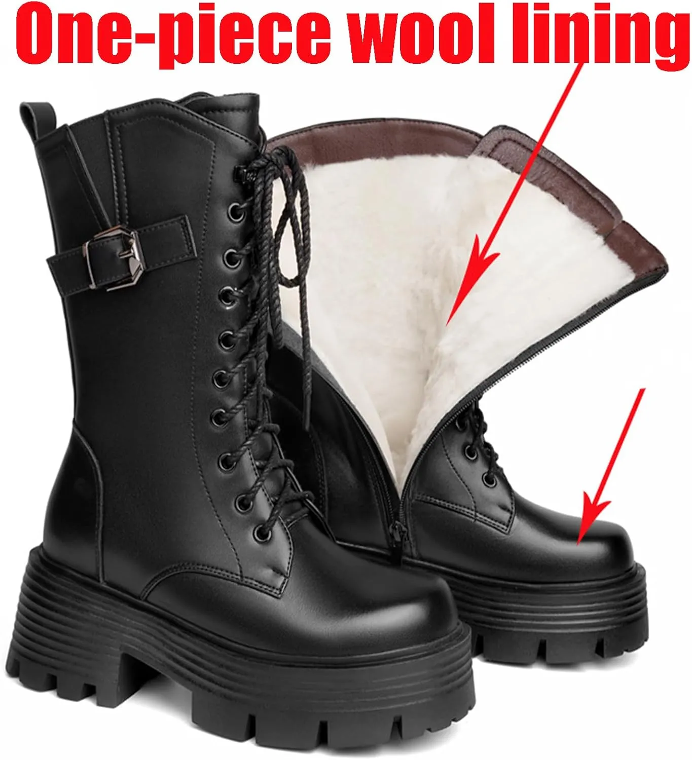 Women's Genuine Leather Lace Up Chunky platform Mid Calf Boots with Side Zipper Winter Waterproof Warm Non-Slip Combat Boots