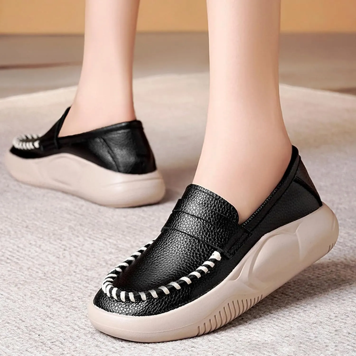 Women's Hand Stitching Platform Leather Slip On Loafers,Comfort Round Toe Lightweight Soft Sole Increase Height Walking Shoes Low Top Work Nurse Shoes Driving Moccasins
