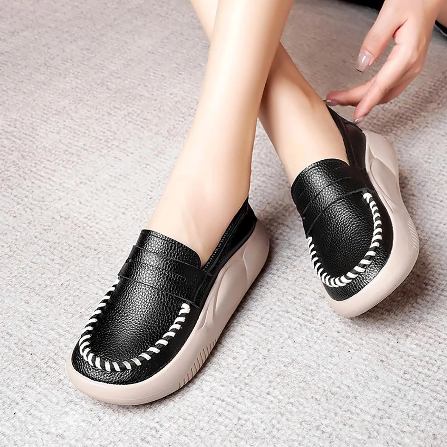 Women's Hand Stitching Platform Leather Slip On Loafers,Comfort Round Toe Lightweight Soft Sole Increase Height Walking Shoes Low Top Work Nurse Shoes Driving Moccasins