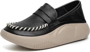 Women's Hand Stitching Platform Leather Slip On Loafers,Comfort Round Toe Lightweight Soft Sole Increase Height Walking Shoes Low Top Work Nurse Shoes Driving Moccasins