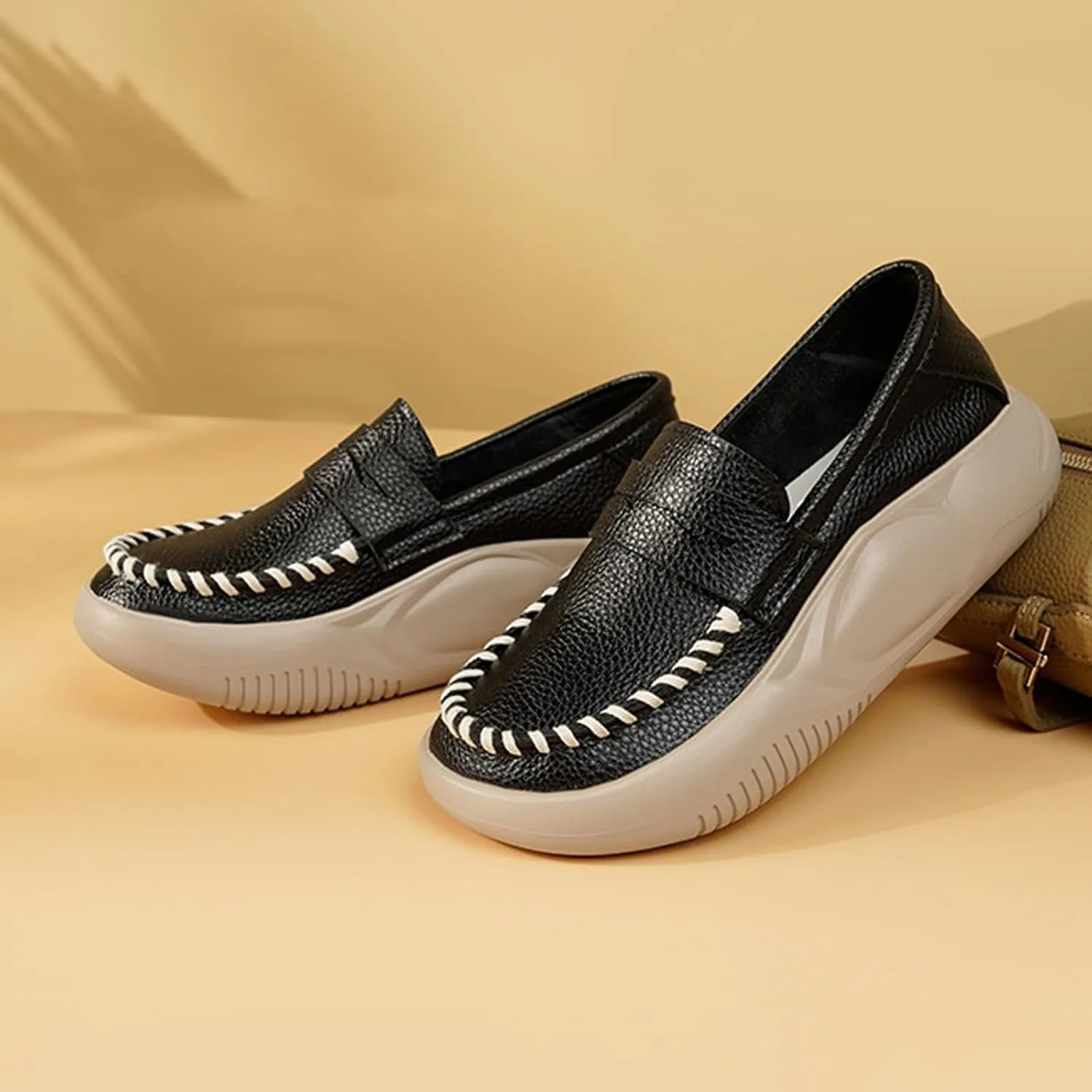 Women's Hand Stitching Platform Leather Slip On Loafers,Comfort Round Toe Lightweight Soft Sole Increase Height Walking Shoes Low Top Work Nurse Shoes Driving Moccasins