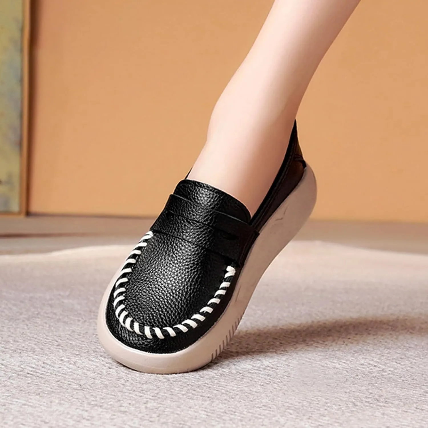 Women's Hand Stitching Platform Leather Slip On Loafers,Comfort Round Toe Lightweight Soft Sole Increase Height Walking Shoes Low Top Work Nurse Shoes Driving Moccasins