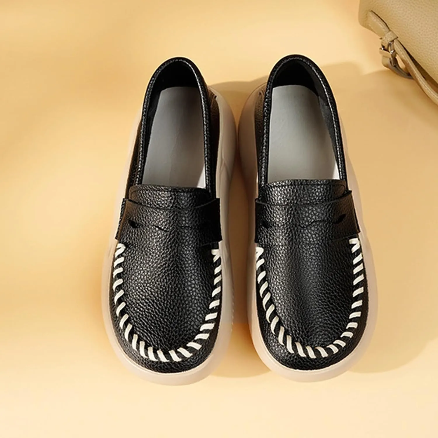 Women's Hand Stitching Platform Leather Slip On Loafers,Comfort Round Toe Lightweight Soft Sole Increase Height Walking Shoes Low Top Work Nurse Shoes Driving Moccasins