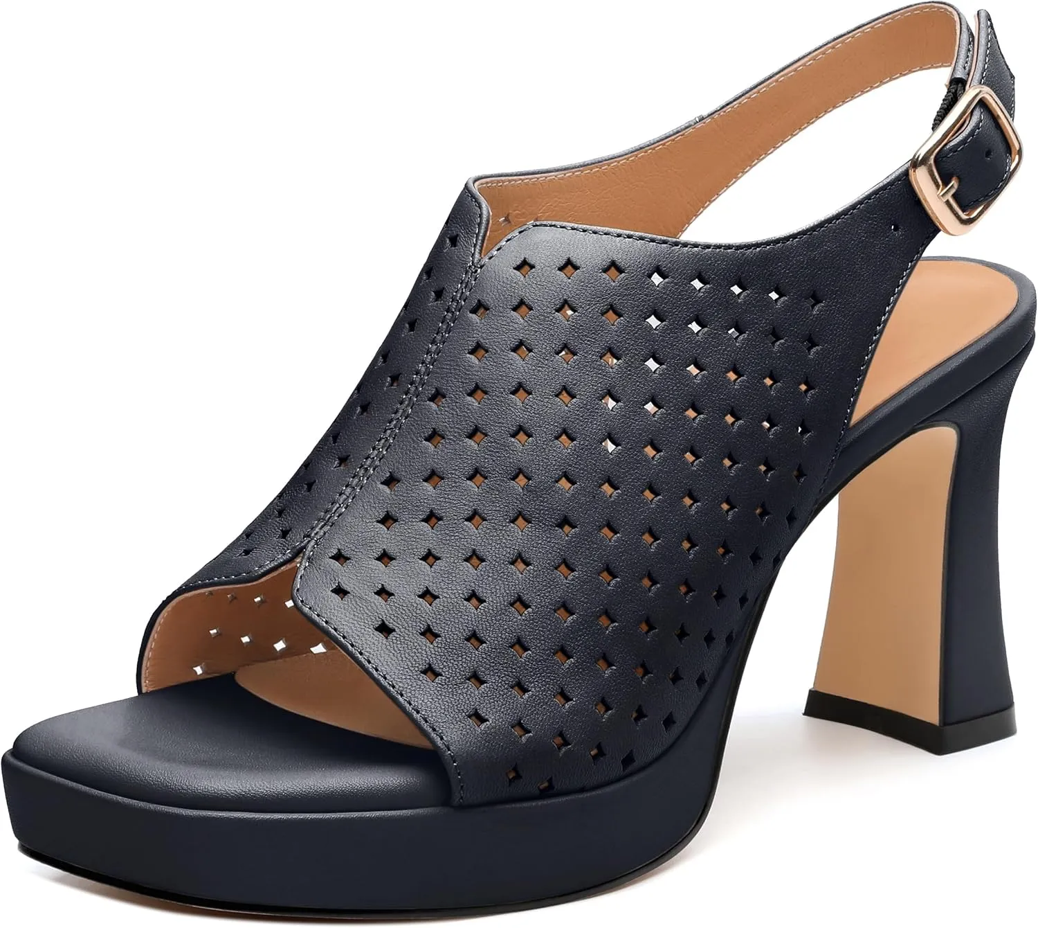 Womens Heeled Platform Sandals, Chunky Heel Square Peep Toe Hollow Out Slingback Sandals, Leather Upper, Lining and Insole Shoes for Women 3.3"
